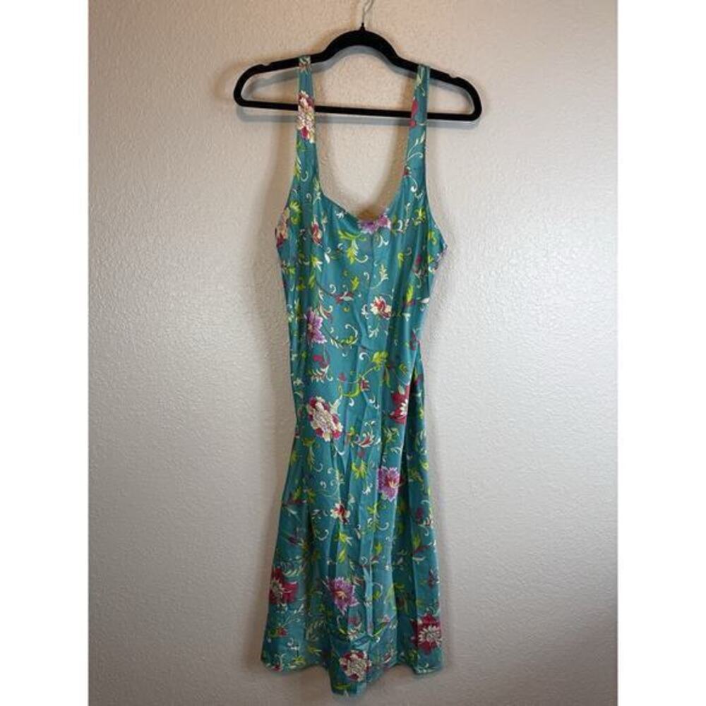 N Natori Slip Dress Nightie Night Gown Size M Floral‎ Teal Large Satin Boho